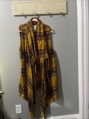 Maurices Mustard Plaid Fringe Open Front Sweater Vest